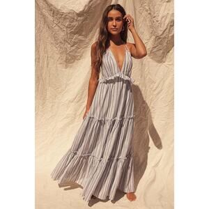 NWT‎ Lulus Vacay Babe Grey Striped Halter Maxi Dress XS